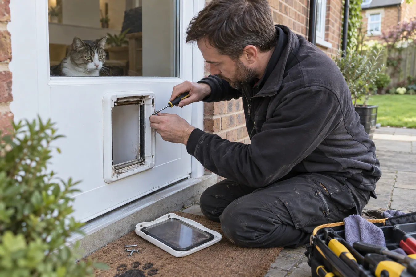 Illustrative Cat Flap Draught Proofing scene: Cat flap hinge and seal repair.