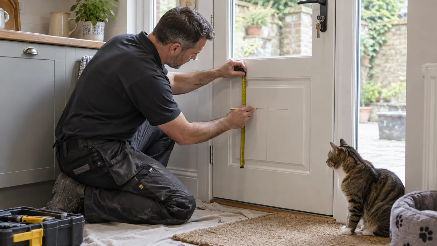 Illustrative Cat Flap Panel Replacement scene: Cat flap fitter measuring a kitchen door.
