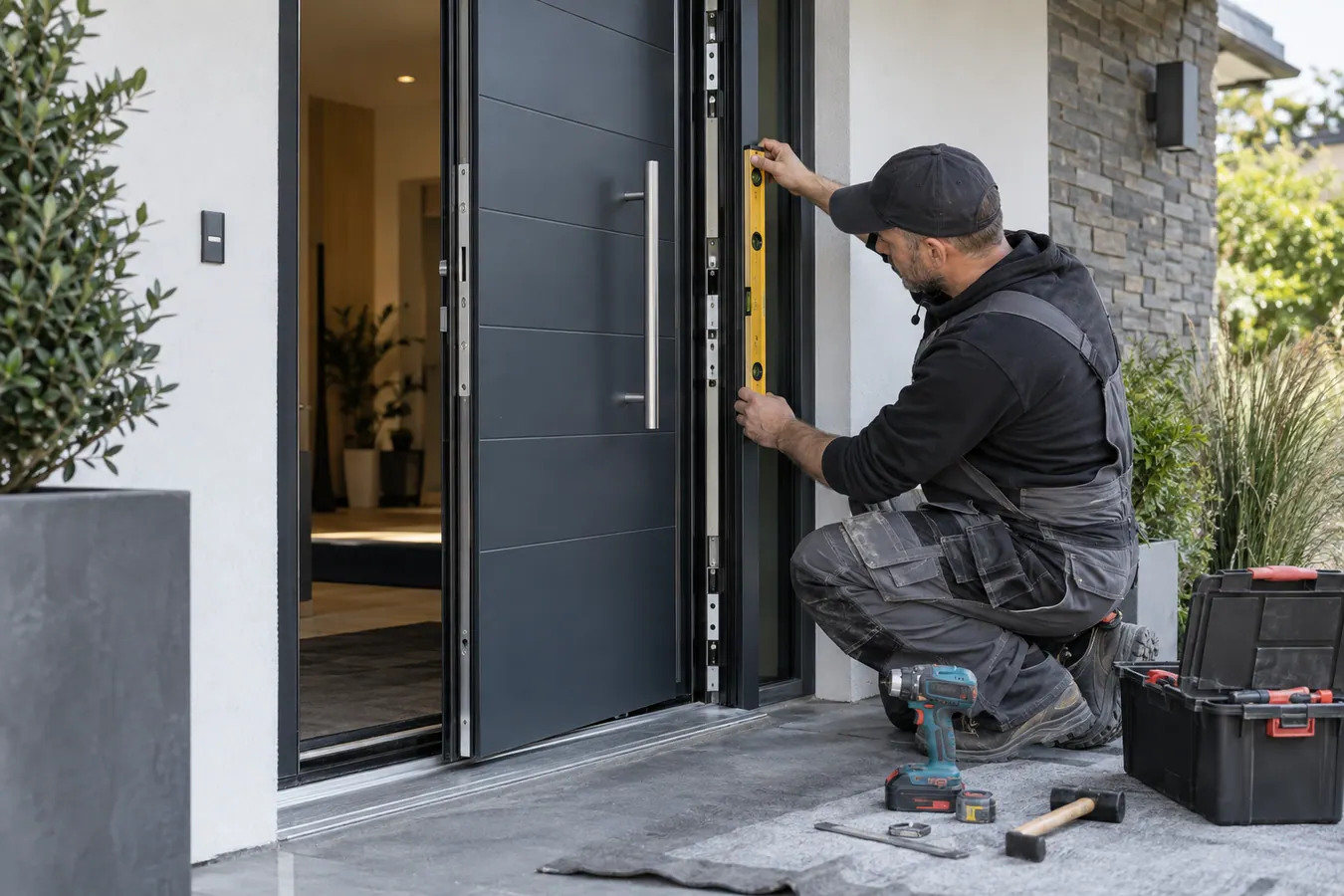 Illustrative Commercial Door Entry Repairs scene: Installer Aligning Reinforced Entry Door.