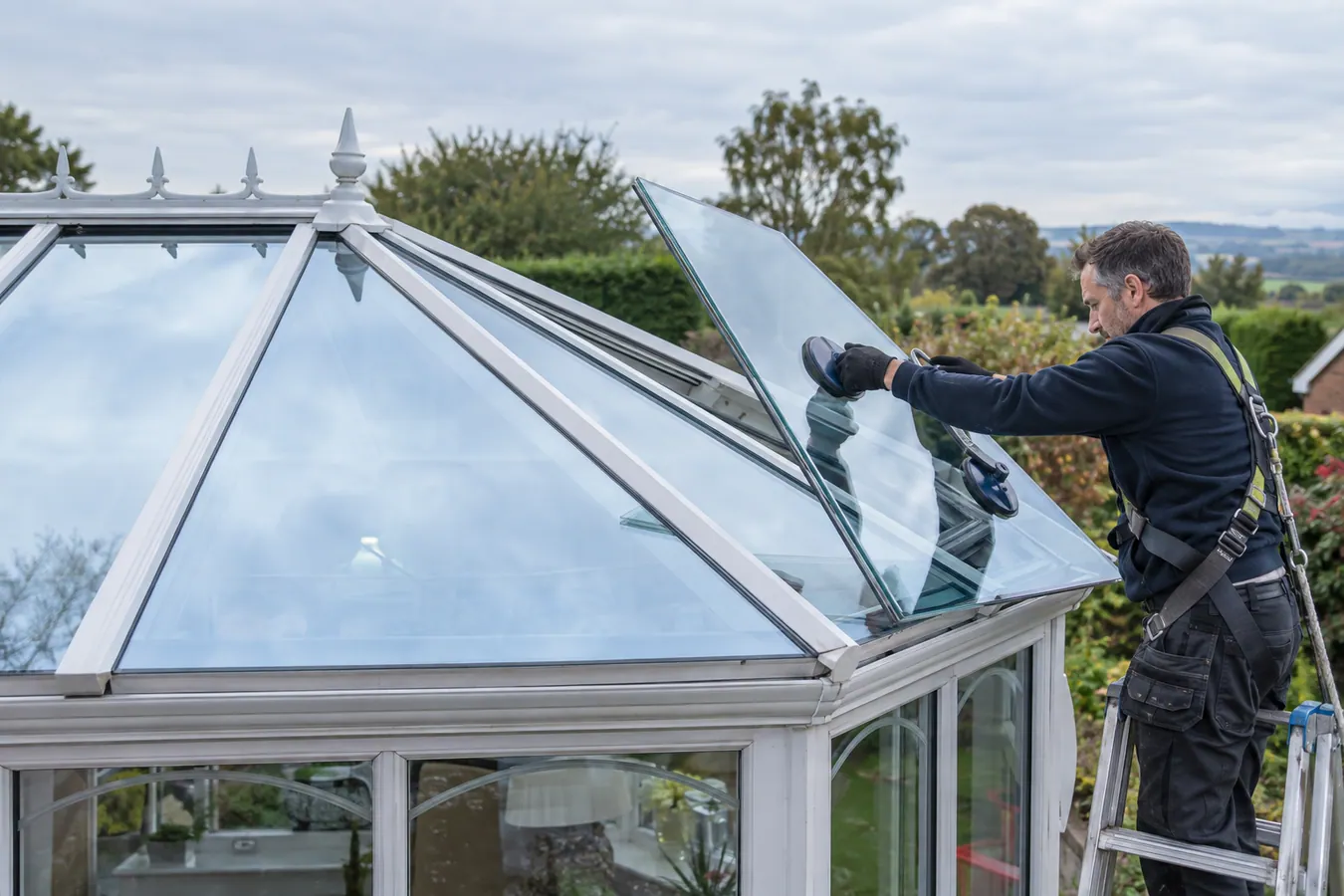 Illustrative Conservatory Window Film scene: Glazier Replacing a Conservatory Roof Panel.
