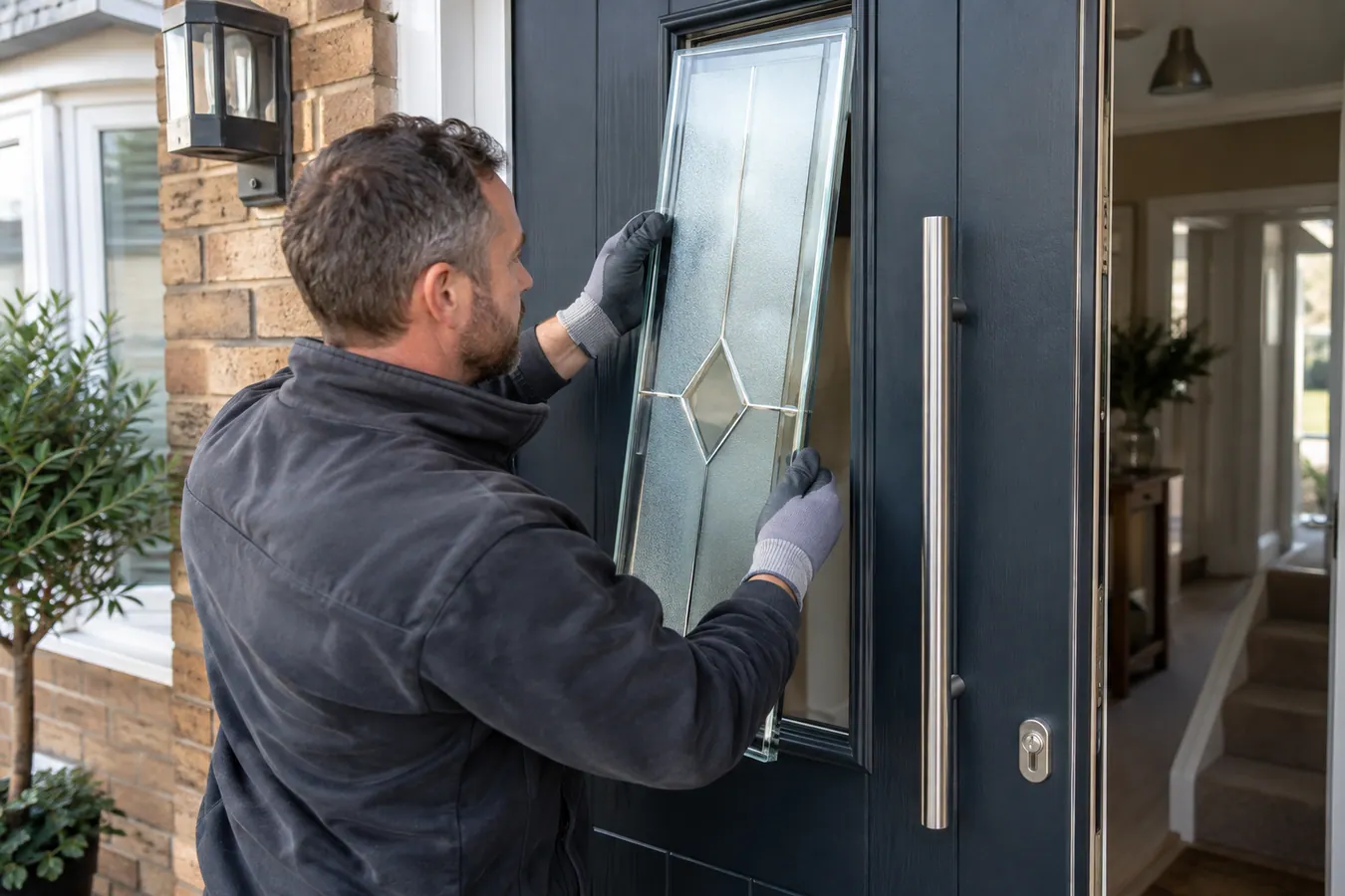 Illustrative Decorative Window Film scene: Frosted Glass Front Door Panel Installation.png.