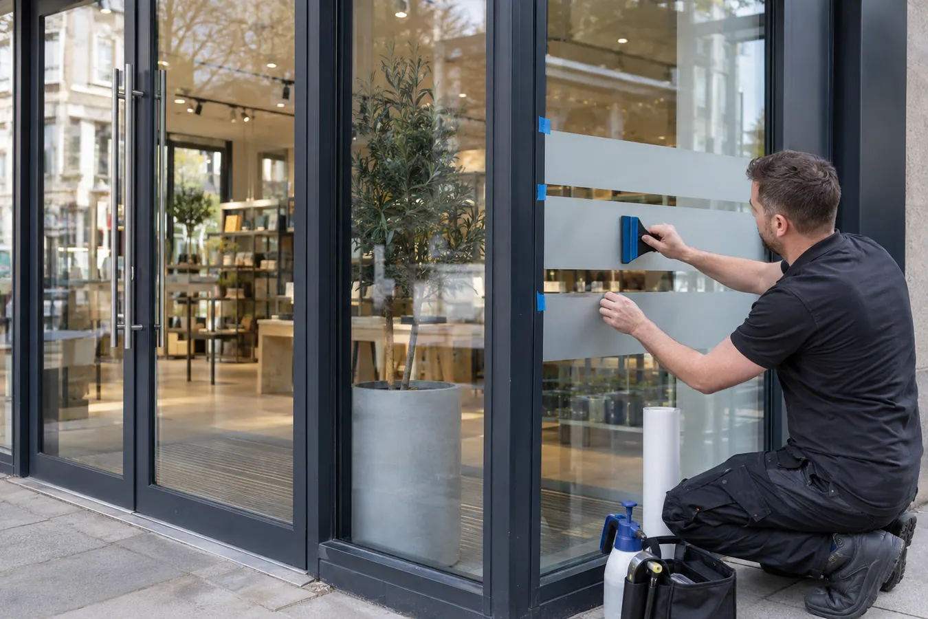 Illustrative Frosted Safety Film scene: Glazier applying frosted film to shopfront.png.