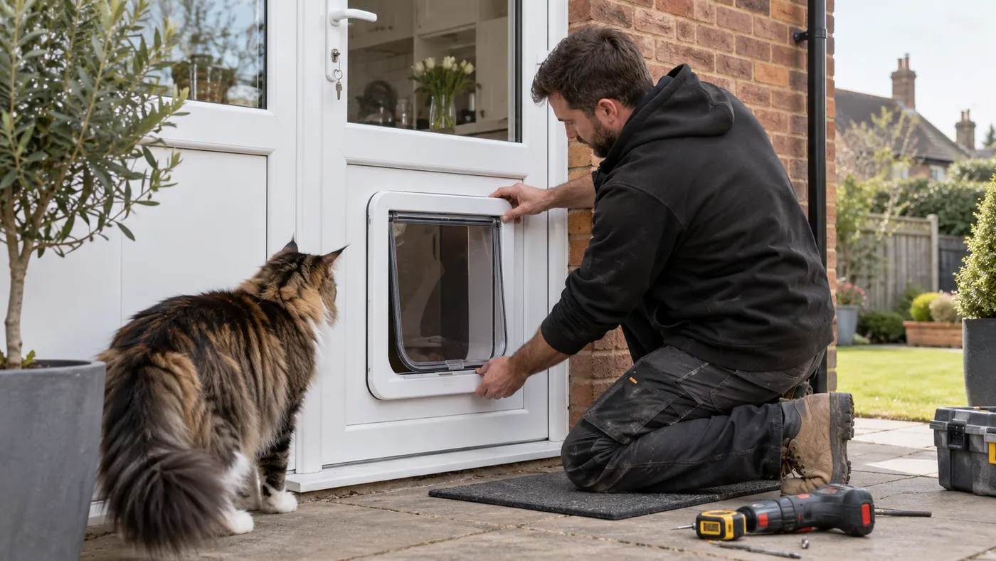 Illustrative Large Cat Flap Fitting scene: Installing a Large Cat Flap.