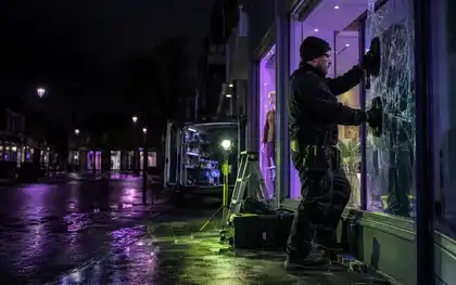 Glazier attending a broken glazed opening at night