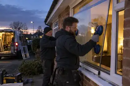 Dusk service visit: a glazier with suction lifters fitting a replacement sealed glass unit into a brick bungalow front window, colleague supporting the panel.