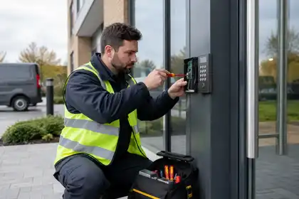 Illustrative Access Control Maintenance scene: Professional Access Control Specialist at Work.