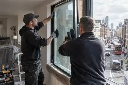 Side-lit urban flat interior: two fitters installing a thick acoustic laminated sealed unit in a robust window frame overlooking a busy street.