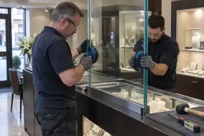 Quiet jewellery shop counter installation: specialists positioning a thick laminated security glass screen in a deep metal channel with suction handles; no crime, weapons or attack demonstration.