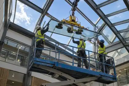 Wide upward view inside a commercial atrium: crew installing a glazed roof panel supported by steel rafters, workers on fully guarded mobile platform and mechanical vacuum lifting rig, blue sky above.