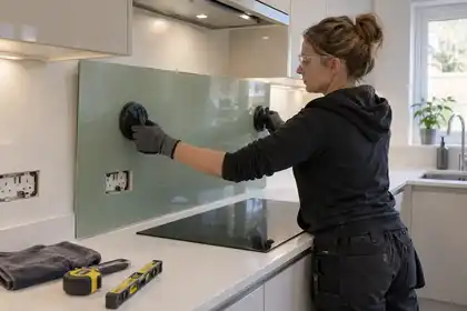 Bright compact kitchen: woman installer positioning a custom sage-green back-painted glass splashback above white worktops, pre-made socket cutouts, suction handle, no on-site glass cutting.