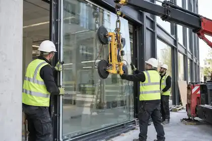 Modern office ground-floor facade installation: crew positions thick laminated blast-resistant glass into heavy anchored steel framing using a mechanical glass lifter; calm construction scene, no blast, weapons or testing.