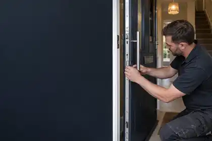 Illustrative Burglary Multi-Point Lock Repairs scene: UK door fitter adjusting multi point lock.
