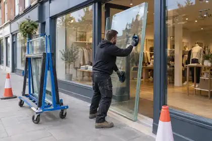 Illustrative Burglary Shopfront Repairs scene: Installing laminated shopfront security glass.png.