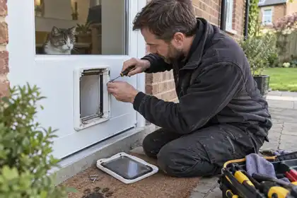 Illustrative Cat Flap Draught Proofing scene: Cat flap hinge and seal repair.