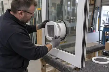 Glass workshop bench: replacement double-glazed door unit held upright on padded support with a factory-made sealed circular aperture; glazier fitting white cat-flap adaptor and tunnel, no glass cutting tools.