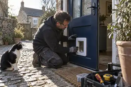 Finished white cat flap in the lower solid panel of a navy cottage door, door slightly ajar to a cobbled yard, kneeling fitter inspecting flush edges, black-and-white cat sitting nearby, low morning angle.