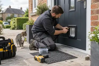 Illustrative Cat Flap Removal scene: Cat flap installation on a modern door.