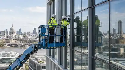 Illustrative Commercial Blast Film Installation scene: Curtain wall installers on a glass facade.