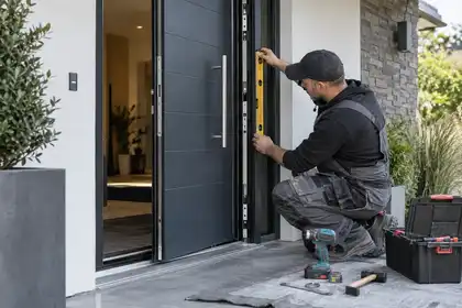 Illustrative Commercial Door Entry Repairs scene: Installer Aligning Reinforced Entry Door.