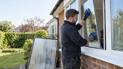 Illustrative Commercial Double Glazed Unit Replacement scene: Glazier replaces misted double glazed unit.