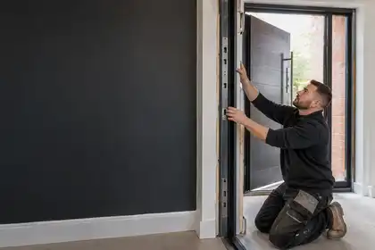 Illustrative Commercial Security Doors scene: Professional Installer Fitting Reinforced Steel Door.