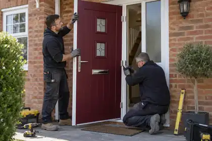 Brick townhouse entrance: two fitters hanging a burgundy composite front door with small frosted glazed lights in a white frame, one checking hinge pins, daylight and neat tools.