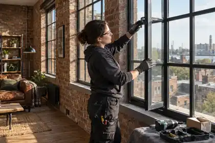 Refurbished industrial-style flat with black slim steel grid windows in a brick wall; woman installer checking an opening casement latch, afternoon side light, medium-wide view, no visible branding.