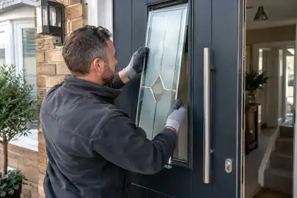 Illustrative Decorative Window Film scene: Frosted Glass Front Door Panel Installation.png.