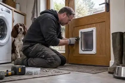 Low-angle utility room: tradesman fitting a larger rectangular dog flap into the lower solid section of an oak back door, spaniel sitting safely behind, mounting screws and screwdriver visible.