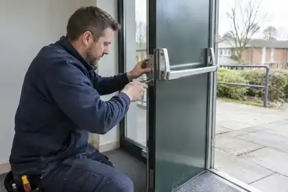 Locksmith checking panic exit hardware on open escape door from inside.