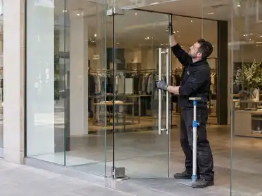 Illustrative Entrance Door Anti Shatter Film scene: Frameless Glass Entrance Door Installation.