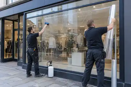 Illustrative External Solar Window Film scene: Applying Safety Film to Shopfront Glass.png.