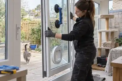 Garden-room interior: female glazier installs a replacement double-glazed door panel with an already fitted round white cat-flap adaptor near its bottom; suction handles above, factory-prepared aperture, no drilling or glass cutting.