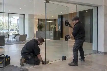 Minimal office entrance: two fitters align a frameless clear glass pivot door between fixed glass screens, visible stainless upper and lower pivot fittings, pane supported by suction handles and padded door wedge, broad lobby view.