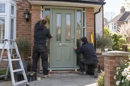 Two fitters installing a light-coloured glazed entrance door