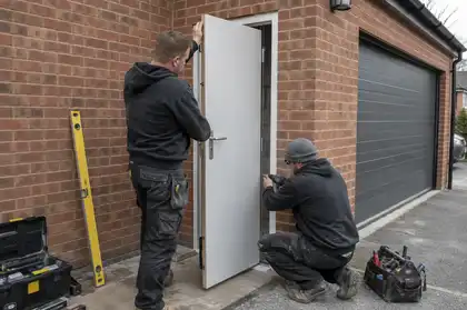 Garage side door installation — Two fitters installing a plain side-access personnel door in a brick garage, with the main garage door visible.