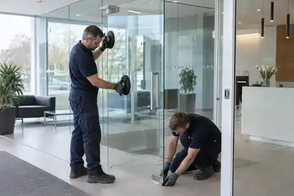 Illustrative Glass Door Safety Film scene: Glaziers Installing a Frameless Glass Door.