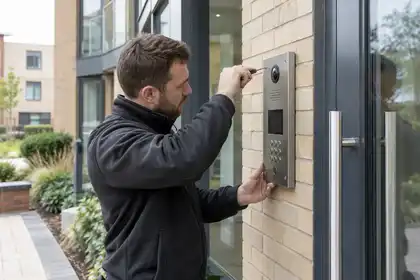 Illustrative Intercom Entry Systems scene: Technician Installing Apartment Video Intercom.