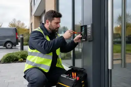 Professional access control specialist working on a modern door entry system