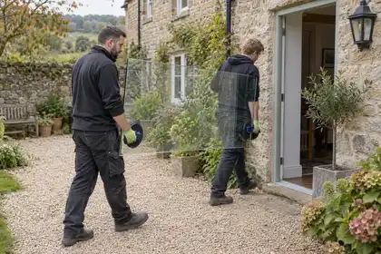 Two glaziers carrying a glass pane into a stone cottage