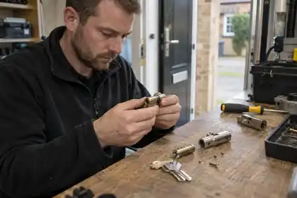 Locksmith examining dismantled cylinder and new keys on workbench, no pinning diagram.