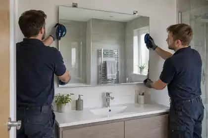 Glaziers installing a large wall mirror above a bathroom vanity