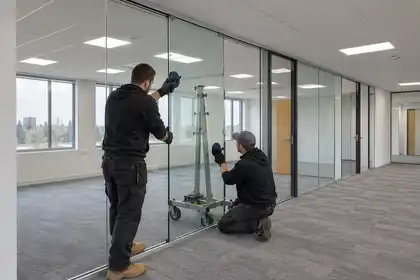 Installers aligning office glass partition panels
