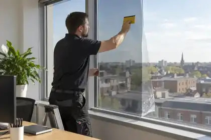 Installer applying film to a large window with a squeegee