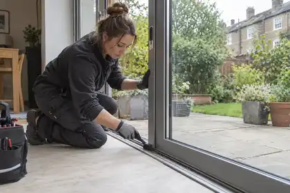 Technician repairing the track of a sliding patio door