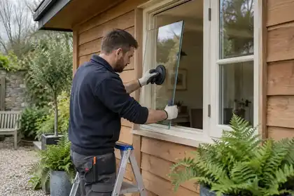 Glazier replacing a pane in a garden studio window