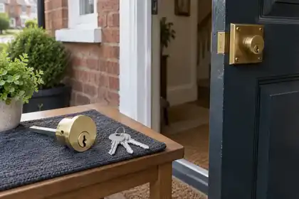 Replacement rim cylinder and keys beside a timber entrance.