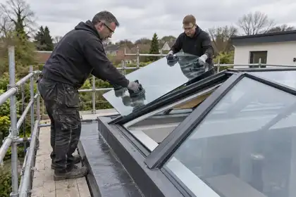 Glaziers replacing a roof-lantern glass panel from a scaffold platform