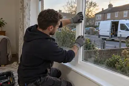 Technician finishing the glazing beads around a replacement sealed window unit