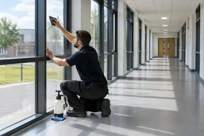 Installer smoothing clear film on school corridor glazing